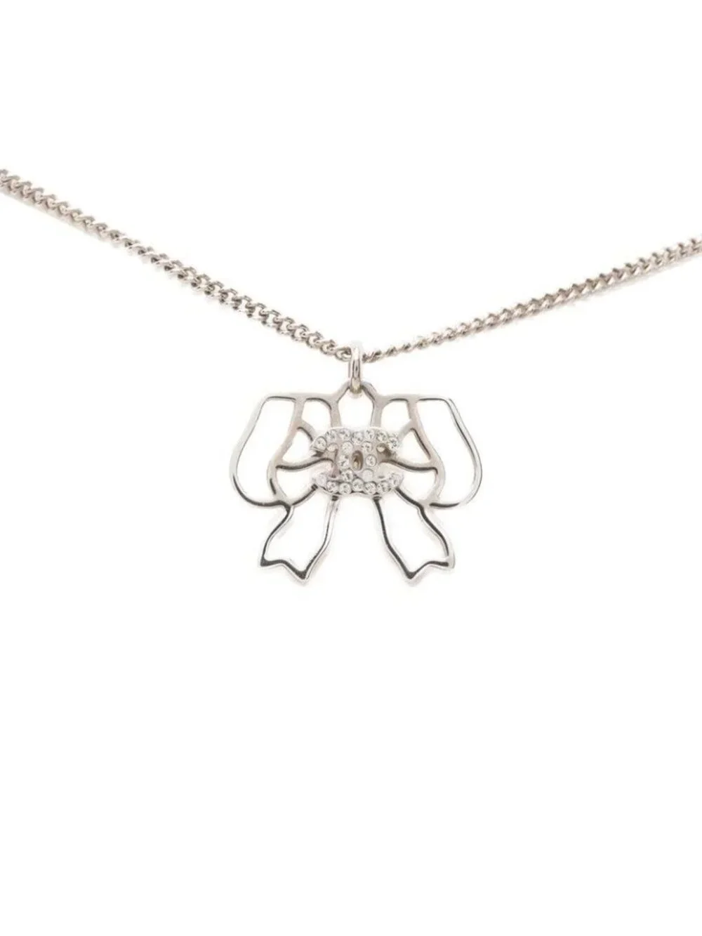 Chanel CC Logo Ribbon Motif Necklace Silver Metal Rhinestone